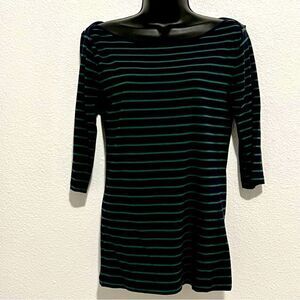 French Connection Bateau Boat Neck Fitted Navy Green Stripe 3/4 Sleeve Top L